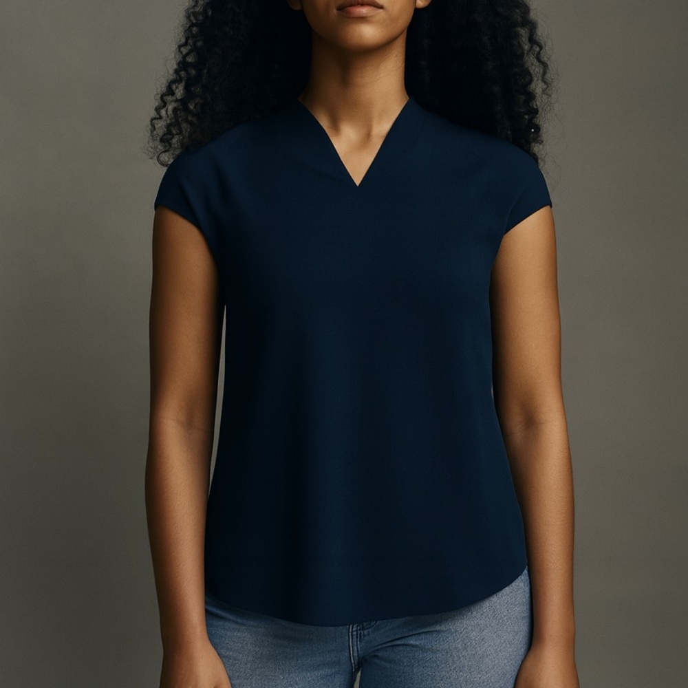Peter Cohen 100% Silk Navy V-Neck Cap Sleeve Top Contemporary Minimalist Size‎ L